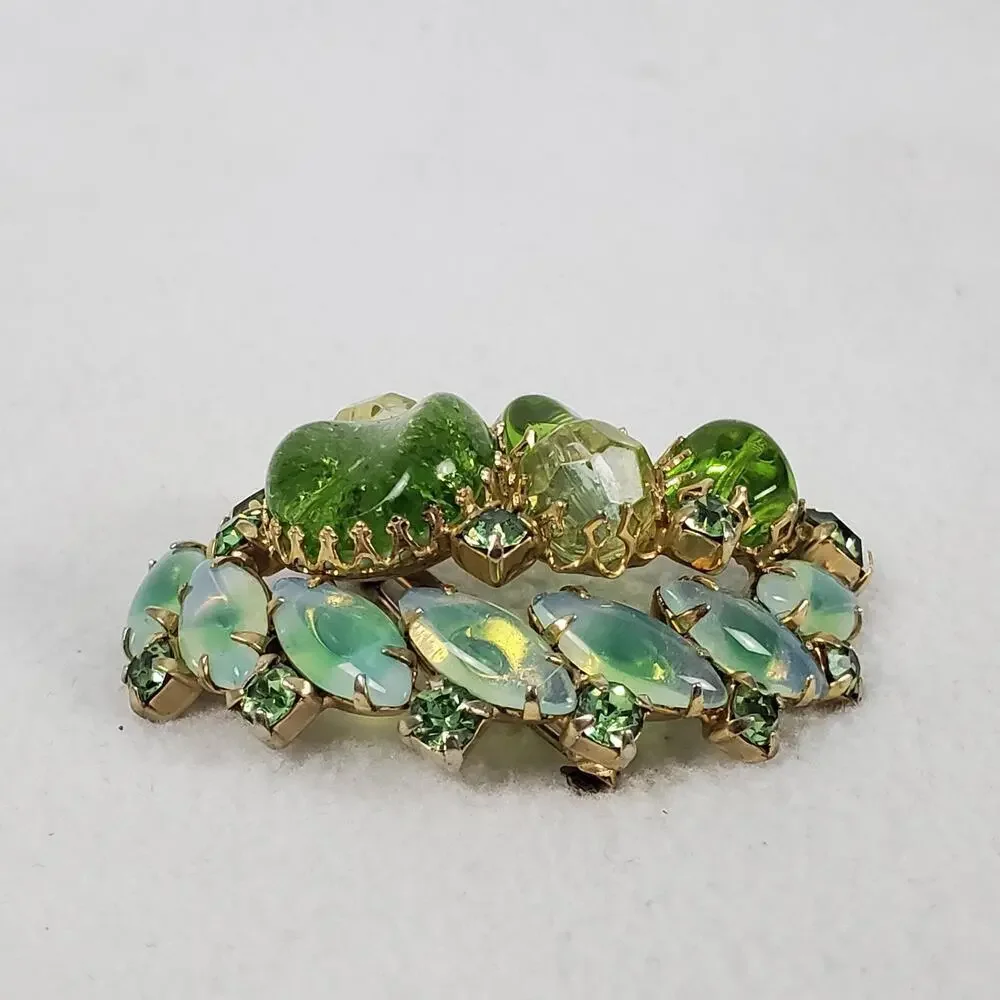 Vintage MCM Green Rhinestone Gold Tone Brooch and Earrings Set